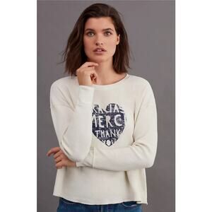 By Anthropologie Heartfelt Merci Graphic Top Waffle Knit Womens Size Small Cream